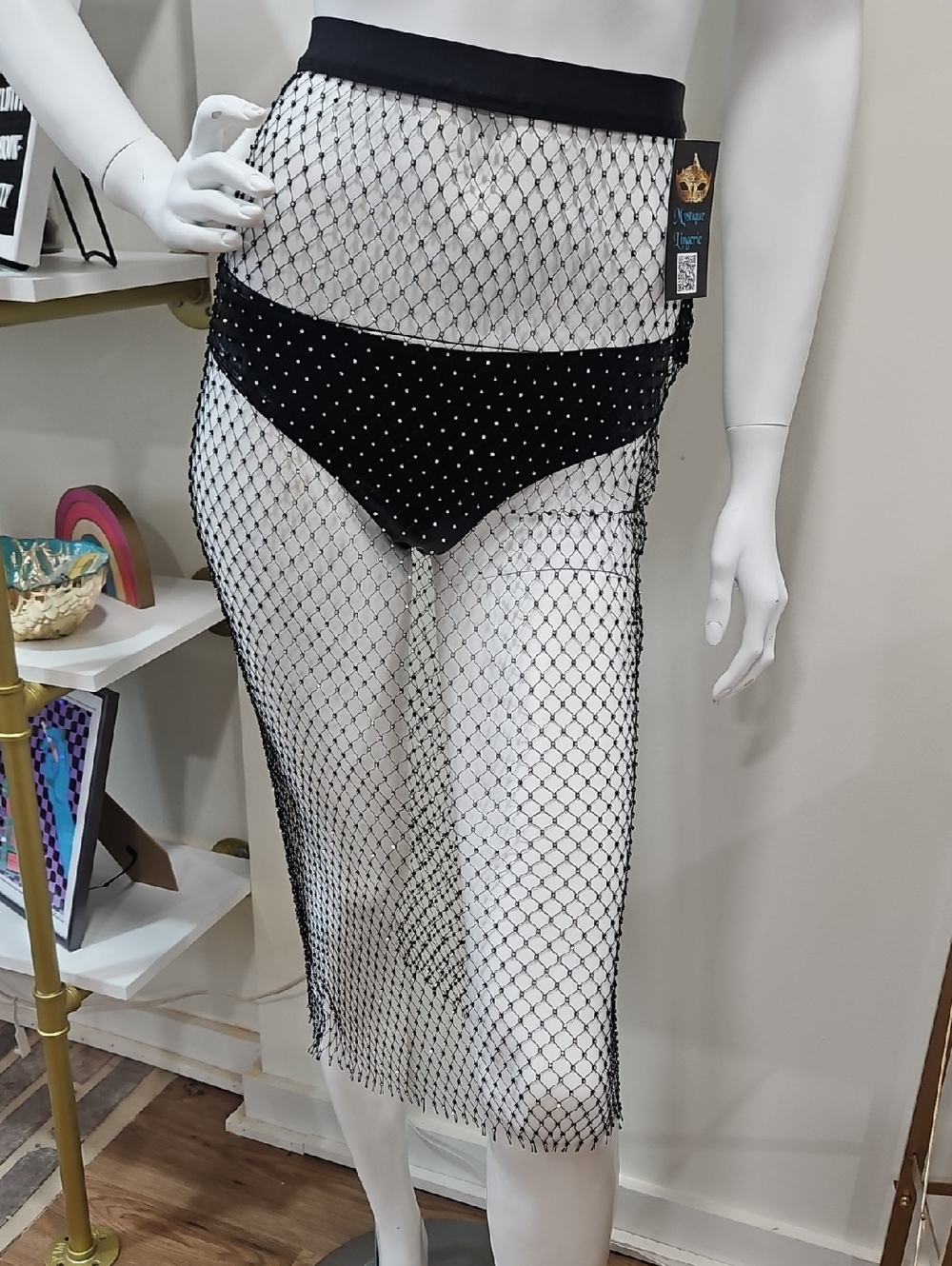 New Black Rhinestone Fishnet Beach Cover Up Festival Skirt